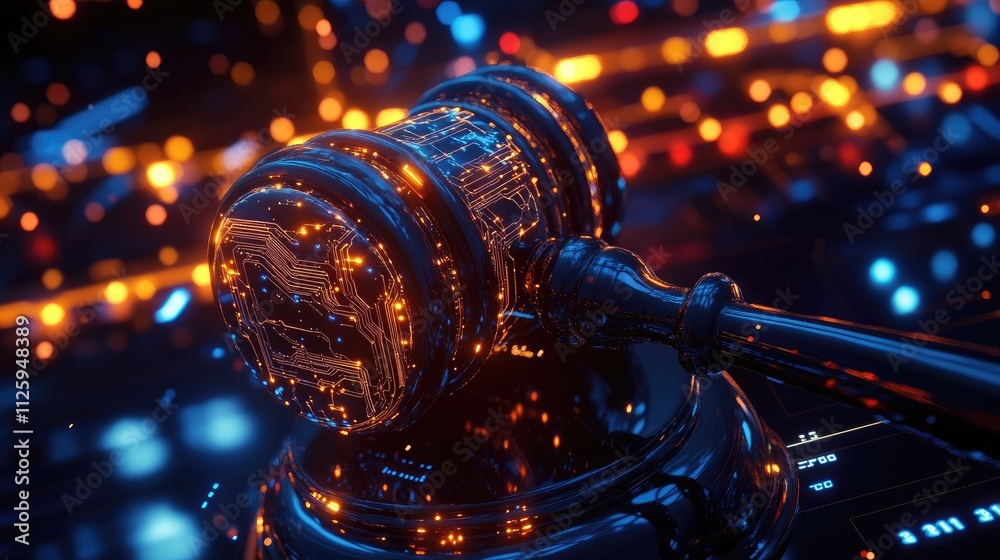 Poster a futuristic digital gavel with glowing circuits, symbolizing the convergence of technology and the 