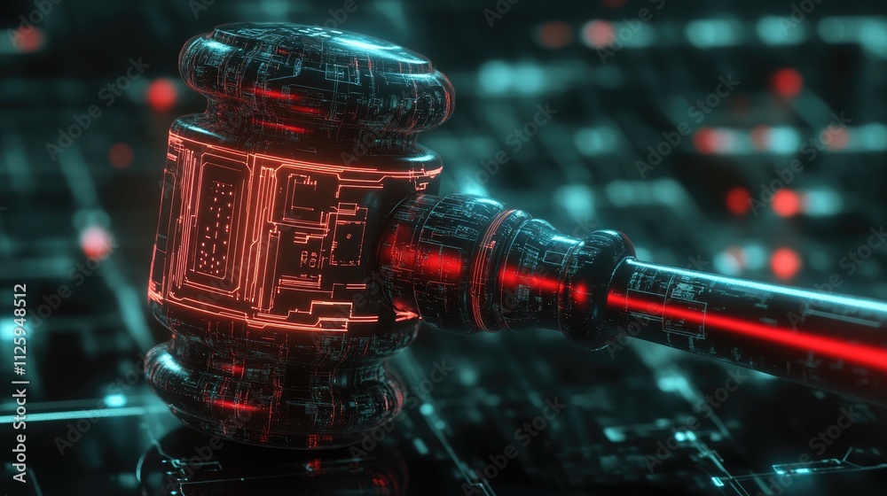 Poster a futuristic digital gavel with illuminated circuits, highlighting the merging of legal systems and 