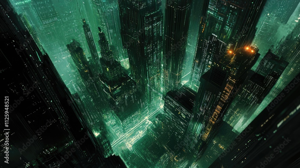 Poster A futuristic digital metropolis with glowing data streams flowing through skyscrapers, illustrating a hyperconnected world.