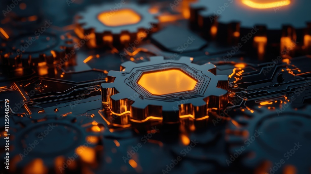 Poster a futuristic digital scene featuring gears, hexagons, and circuit boards, symbolizing telecom techno