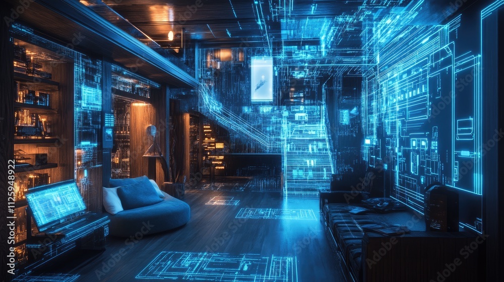 Poster a futuristic smart home interior with blue holographic lines and digital circuits, representing a ho