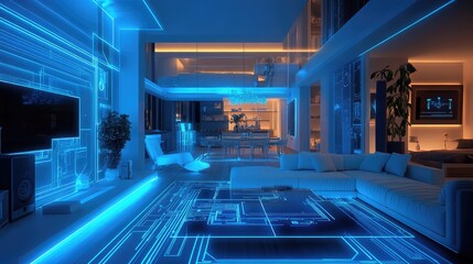 Obraz premium A futuristic smart home with interior design elements enhanced by blue hologram lines, showcasing a house built with digital circuits and wires.