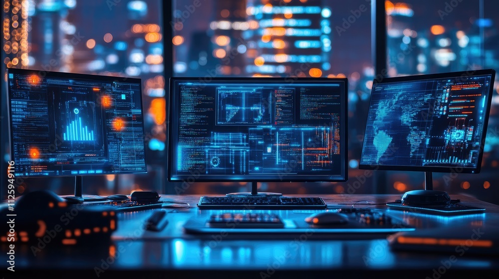 Poster A futuristic tech workspace with multiple digital devices and glowing screens.