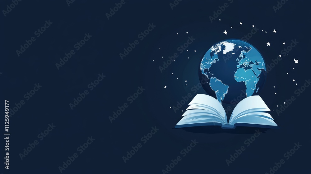 Poster a global education concept featuring an open book and a globe of earth, set against a dark blue back