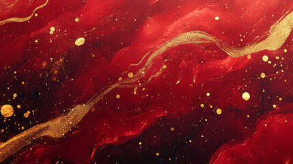 Abstract red marble texture with luxurious gold splashes