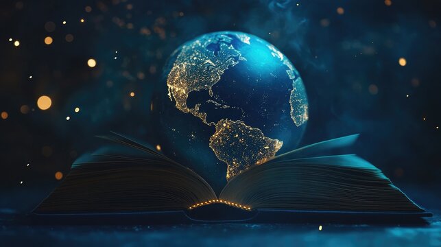 A global education concept featuring an open book and a globe of Earth, set against a dark blue backdrop representing worldwide learning.