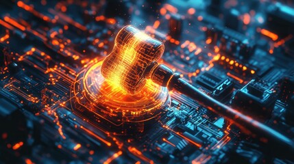 A glowing gavel, digitally represented, surrounded by circuits, symbolizing the merging of law and technology in the digital age.