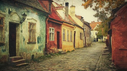 Naklejka premium Wandering through a quaint european village street colorful buildings and cobblestones vintage film style soft focus old world charm