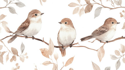 Fototapeta premium Charming watercolor birds perched on branches with soft leaves, evoking tranquility
