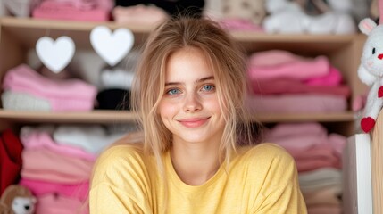 Happy Woman Posing in Front of Clothes in Closet