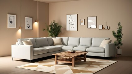 Modern living room interior with beige sofa, wooden coffee table, plants, and wall art.