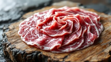 Obraz premium Seared Wagyu beef, ready-to-enjoy yakiniku and shabu shabu, displayed on a natural stone board.