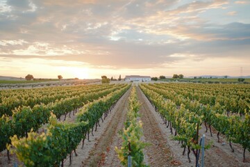 Harvesting grapes at sunset a picturesque vineyard scene nature landscape colorful sky viewpoint tranquil environment