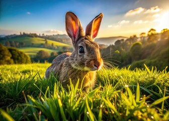 Fototapeta premium Mount Annan Rabbit Summer Drone Photo - Wild Rabbit Grazing in Australian Field