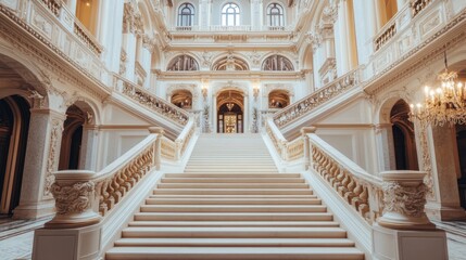 Fototapeta premium A grand staircase leading to an elegant palace hall, with regal decor and grandeur.