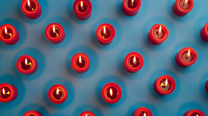  a vibrant and visually striking arrangement of red objects with golden cone-shaped tips, evenly spaced in a grid pattern on a bright blue background. The objects cast long, sharp shadows