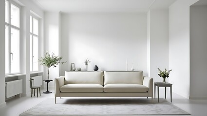 Fototapeta premium Minimalist white living room with beige sofa, rug, and simple decor.