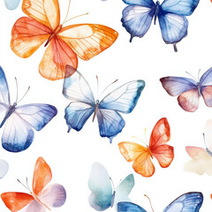 Fototapeta premium Elegant watercolor butterflies fluttering across white background, creating serene atmosphere
