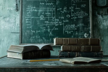 Old books and a chalkboard with scientific diagrams and equations in a dimly lit room.