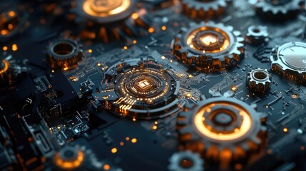 A high-tech digital concept with interconnected gears, hexagons, and circuit boards, showcasing telecom and engineering advancements.