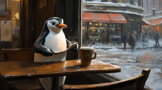A charming penguin enjoys coffee in a cozy cafe, capturing a whimsical winter scene through the window.