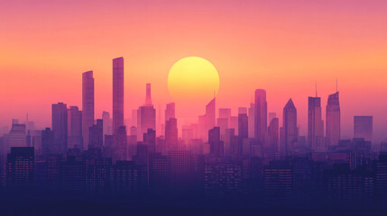 Obraz premium Futuristic city skyline at sunset with vibrant colors and silhouettes