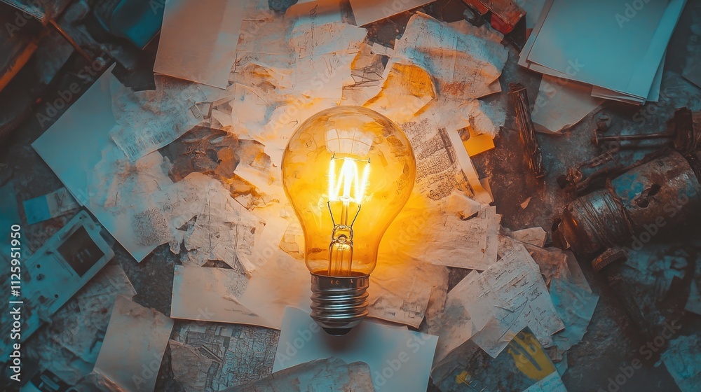 Aufkleber a light bulb surrounded by papers and concepts in a flat lay, symbolizing the clarity and creativity