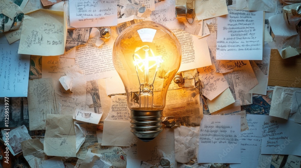Poster A light bulb surrounded by papers and concepts in a flat lay, symbolizing the clarity and creativity in solving complex ideas.