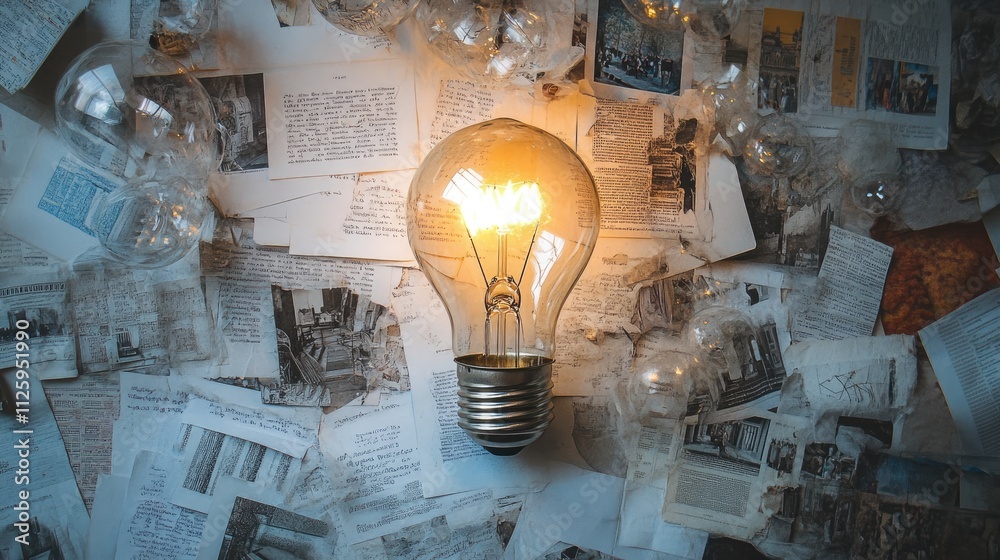 Poster A light bulb surrounded by papers and concepts in a flat lay, symbolizing the clarity and creativity in solving complex ideas.