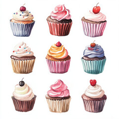 Delightful watercolor cupcakes illustrated in playful arrangement