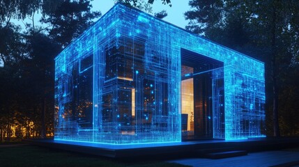 Obraz premium A house made of circuits and wires, with blue holographic lines representing a smart home technology concept and futuristic living.