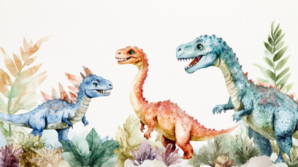 Playful watercolor dinosaurs in prehistoric scene with vibrant colors