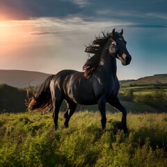 Fototapeta premium Black horse standing on a grassy hill
