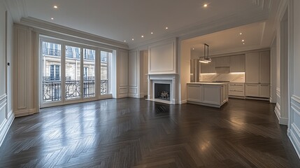 Luxurious empty apartment with hardwood floors, fireplace, and large windows.