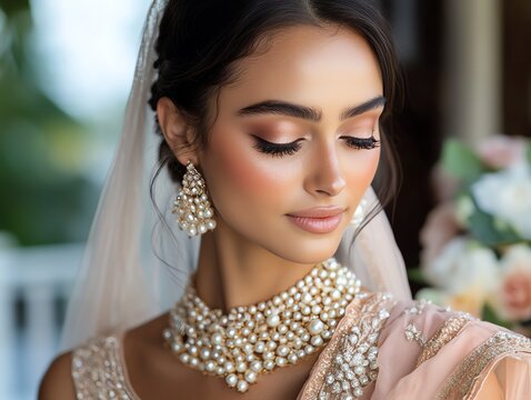 Bridal makeup look with pearl accents and soft pink tones