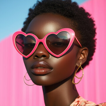 Young African American women wearing heart shaped sunglasses that are pink. 