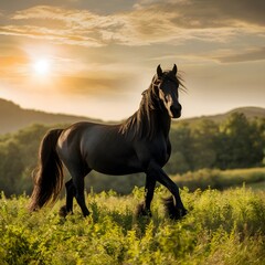 Fototapeta premium Black horse standing on a grassy hill