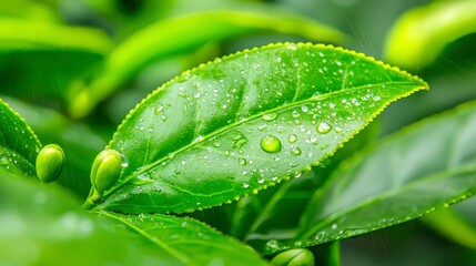 Lush Dew Covered Tea Plant Leaves  Close Up  Green Tea  Nature  Freshness  Spring