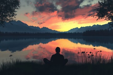 A meditative person sitting in front of a calm lake, with the reflection of the sunset creating a sense of harmony and inner peace.