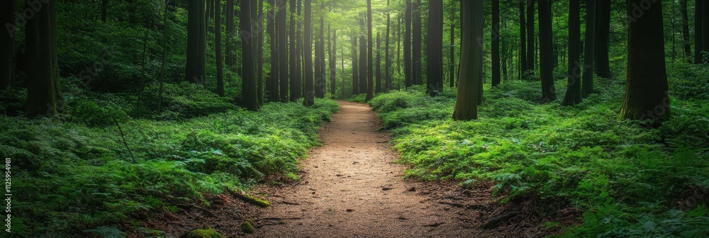 Aufkleber wander down a peaceful pathway surrounded by dense woods, illuminated by soft, natural light, perfec