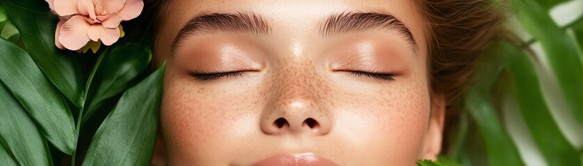 Obraz premium Forest nymph makeup with earthy greens and floral decorations