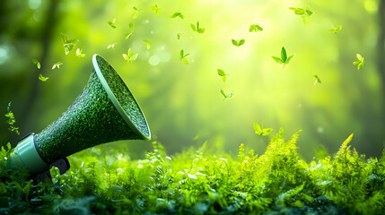 Green marketing communication concept featuring a megaphone.