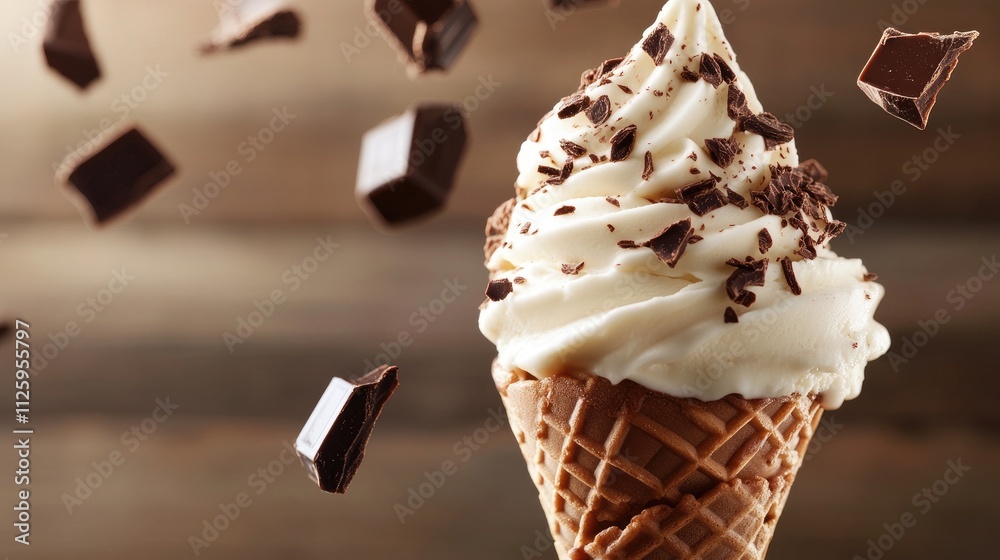 Poster a rich chocolate ice cream cone with melting icing and chunks of chocolate falling, evoking indulgen