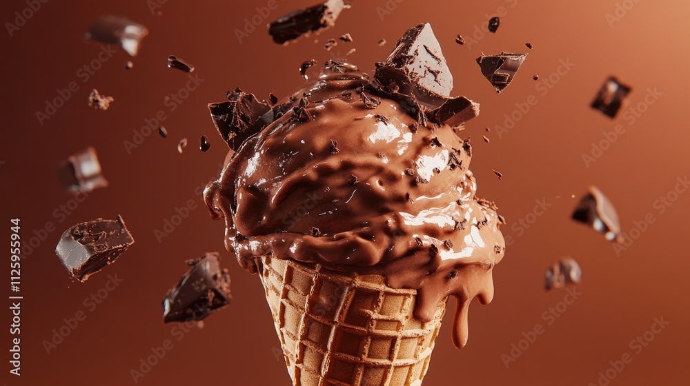 Aufkleber a rich chocolate ice cream cone with melting icing and chunks of chocolate falling, evoking indulgen