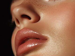 Fototapeta premium Highgloss makeup focusing on lips and cheekbones, reflecting light