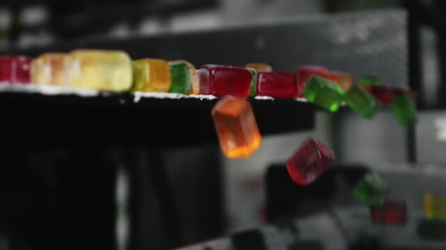 Multi-colored marmalade candies move along a factory conveyor for packaging. Production of chewing marmalade at a candy factory. Multi-colored marmalade. Modern confectionery factory.