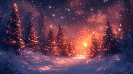 Naklejka premium Enchanting snowy pathway through glittering Christmas trees under a starry night sky