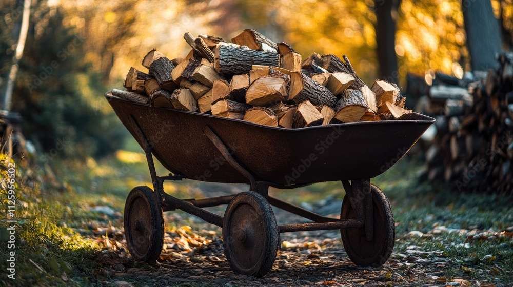Poster a rustic, rusty wheelbarrow overflowing with firewood, surrounded by nature, ready for use in a fire