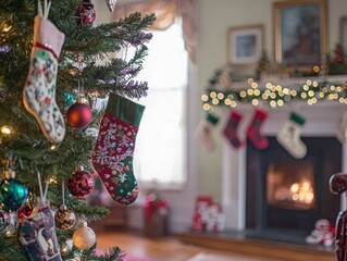 Cozy holiday gathering living room interior scene festive atmosphere close-up view vintage christmas decor with ornaments and stockings