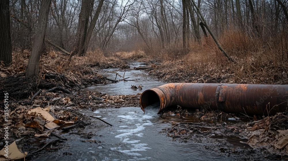 Poster a rusty pipe leaking water into a stream, surrounded by debris and barren trees, symbolizing environ